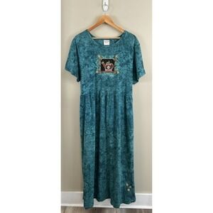 Cactus Bay Vtg Maxi Dress 2XL  Blue Tie-Dye Embellished Floral Print Cotton USA